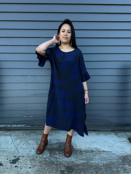Niho Taniwha Frill Sleeve Dress - Navy