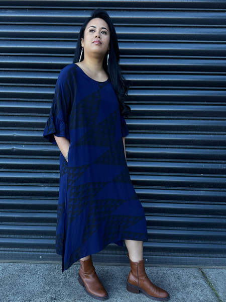 Niho Taniwha Frill Sleeve Dress - Navy