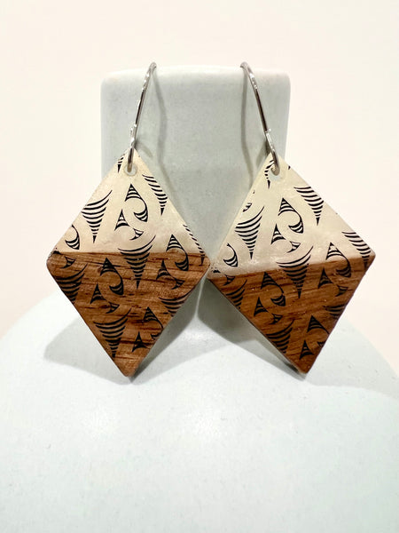 Milky Resin & Walnut Wood Rhombus Earring with Black Ngaru Print