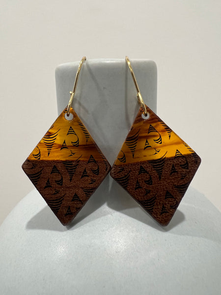 Brown Resin & Walnut Wood Rhombus Earring - Black Ngaru Print