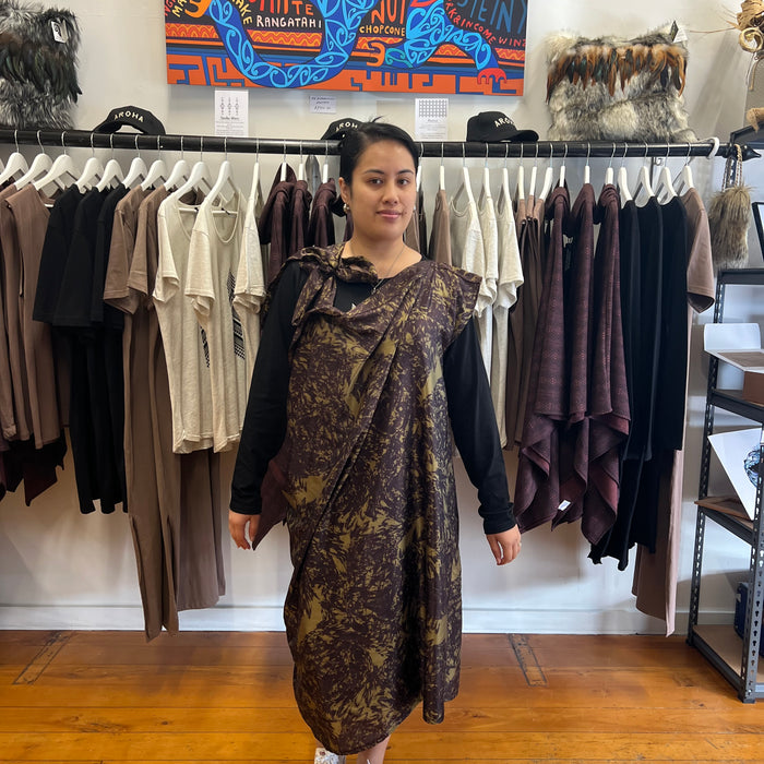 Ngahere Inspired Tie Dress created in Rotorua by Maori Fashion Designer Adrienne Whitewood