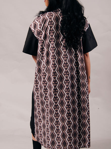 Aronui Button Cotton Dress - Black, White & Blush