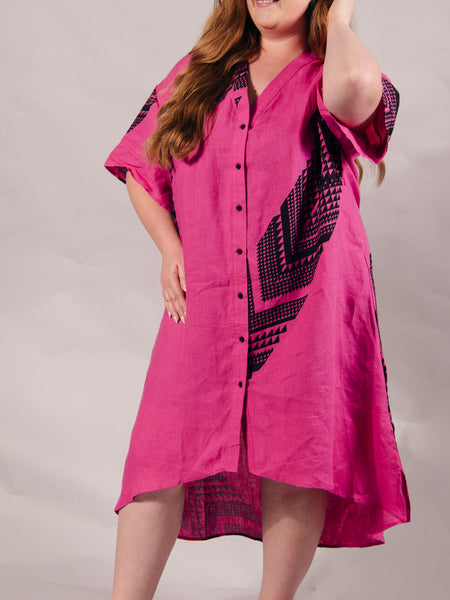 Maunga Button Linen Dress - Pink