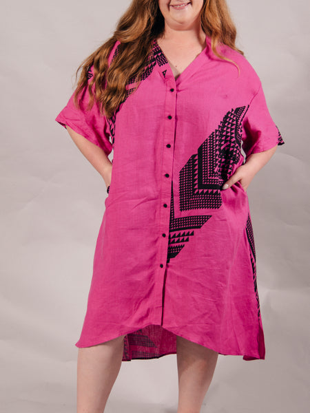 Maunga Button Linen Dress - Pink