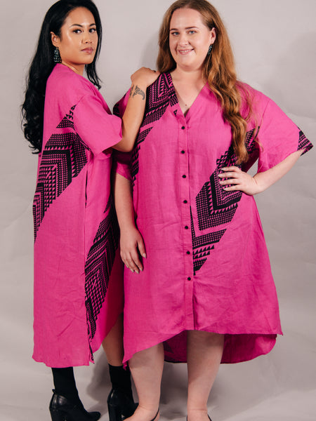 Maunga Button Linen Dress - Pink