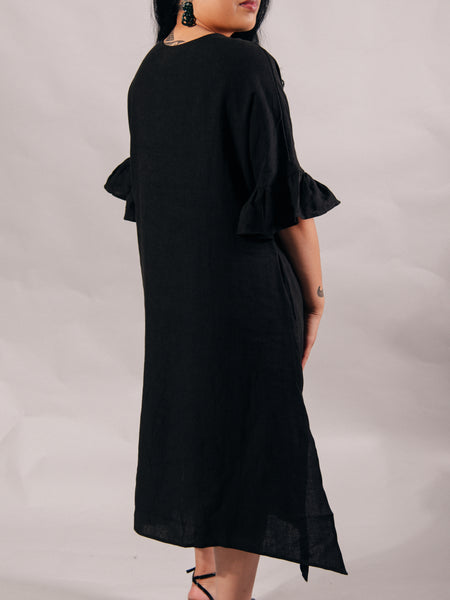 Taniko Waru Embroidered Frill Sleeve Dress - Black