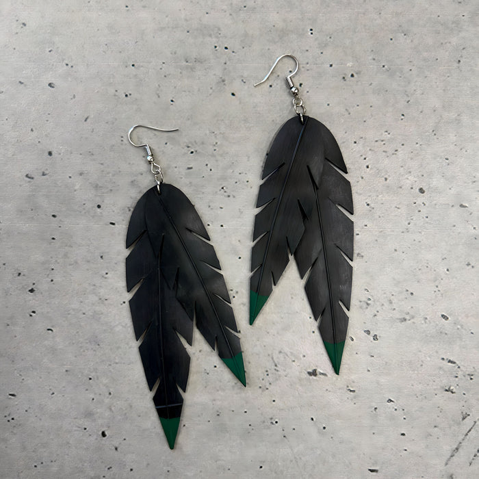 Huia Inspired Māori Earrings with Green Tips by Piata at Ahu boutique