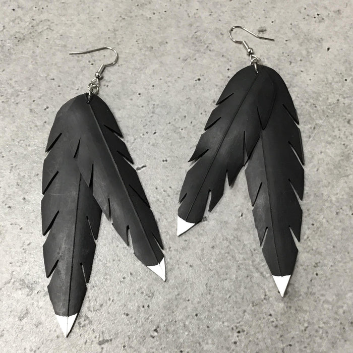 Double Feather White Tip Long Earrings by Piata Jewellery